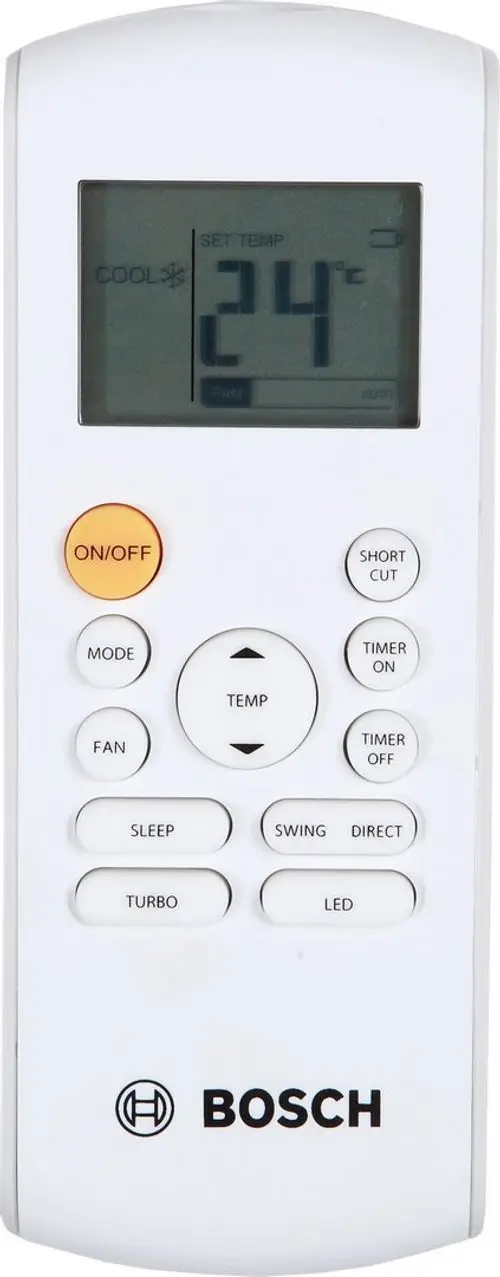 Fernbedienung von Bosch mit Tasten zur Temperatureinstellung, Betriebsmodi und Timer. Display zeigt aktuelle Einstellungen und Betriebsstatus.